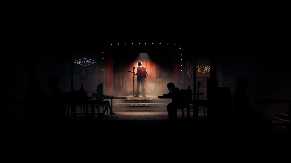 A lone musician performing under a spotlight at the Lager Haus bar in Silver Pines