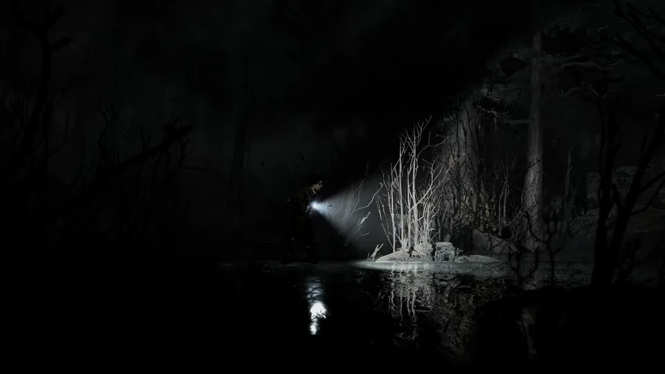 Red Walker searching a flooded forest clearing with a flashlight for hidden collectibles