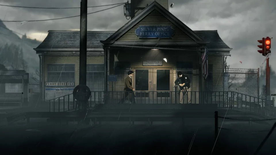 The Silver Pines Ferry Office at night, with the town sign above the ticket doors