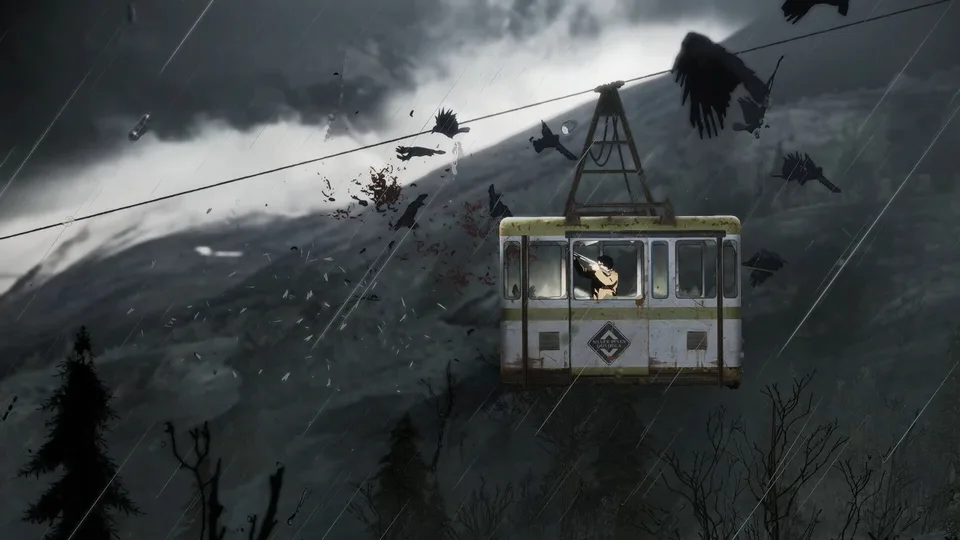 A Silver Pines cable car crossing a mountain valley while crows swarm around it
