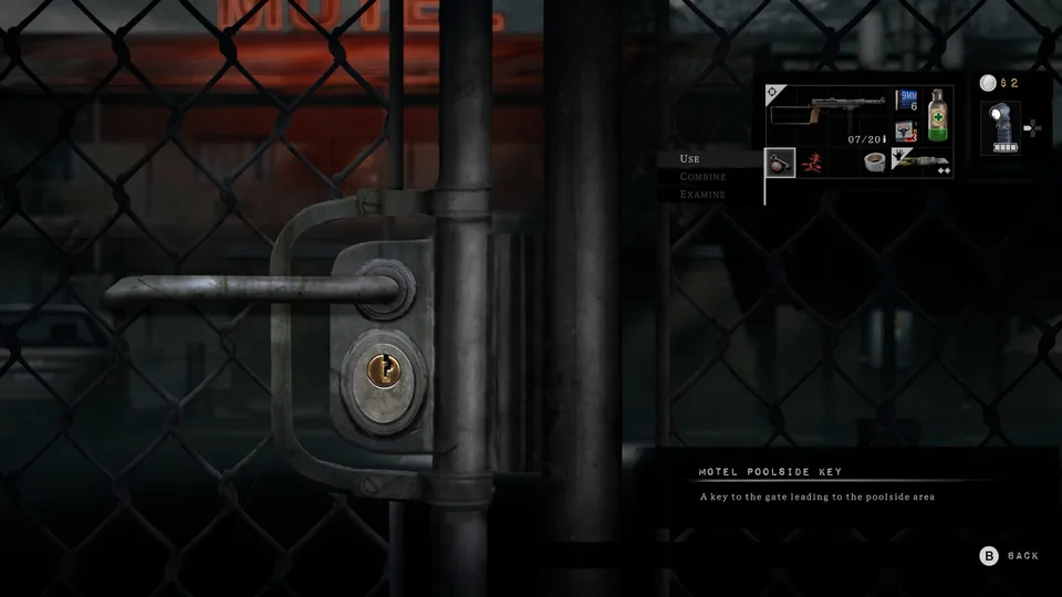 A locked chain-link gate and the motel poolside key in Silver Pines