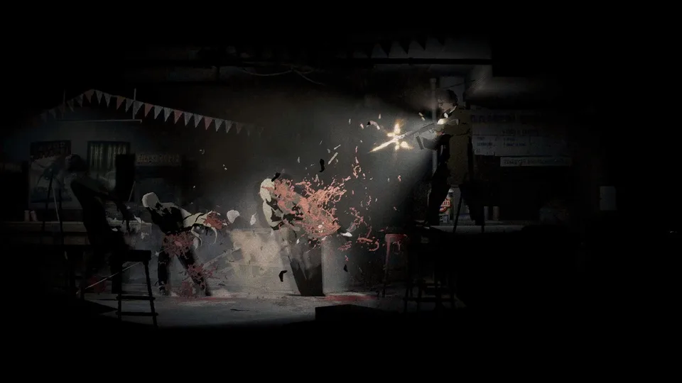 Red Walker firing a shotgun at approaching creatures in Silver Pines